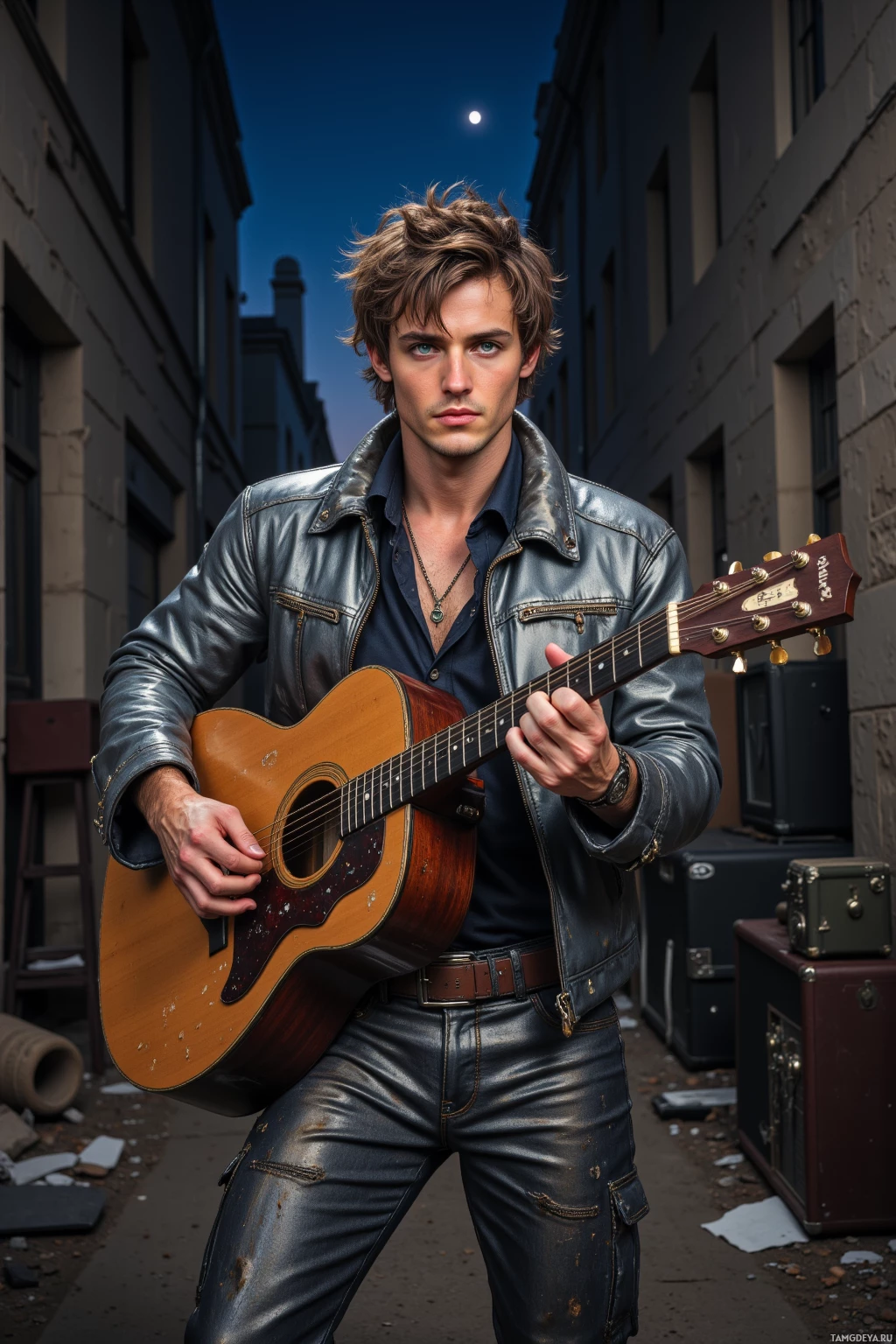 A person in a leather jacket and jeans holds an acoustic guitar while standing on a street at dusk with a moonlit sky above.