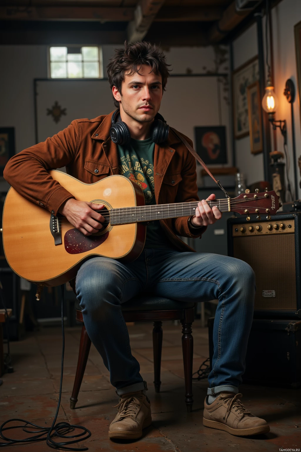 A person sits on a chair playing an acoustic guitar in a cozy room with vintage decor.