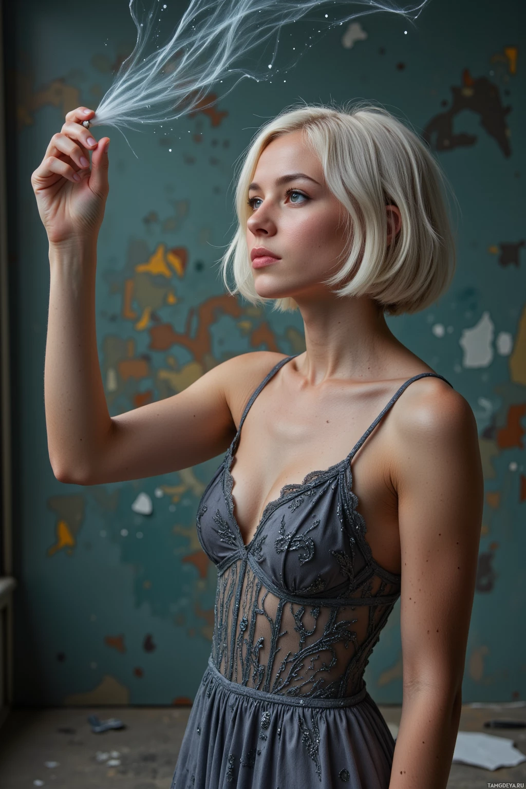 A person in an elegant dress holds a strand of hair that appears to be glowing with light against a textured wall background.