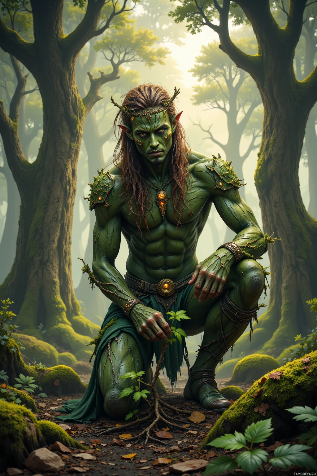 A green-skinned, forest-dwelling creature with long hair and pointed ears is crouched in a lush, mossy forest.