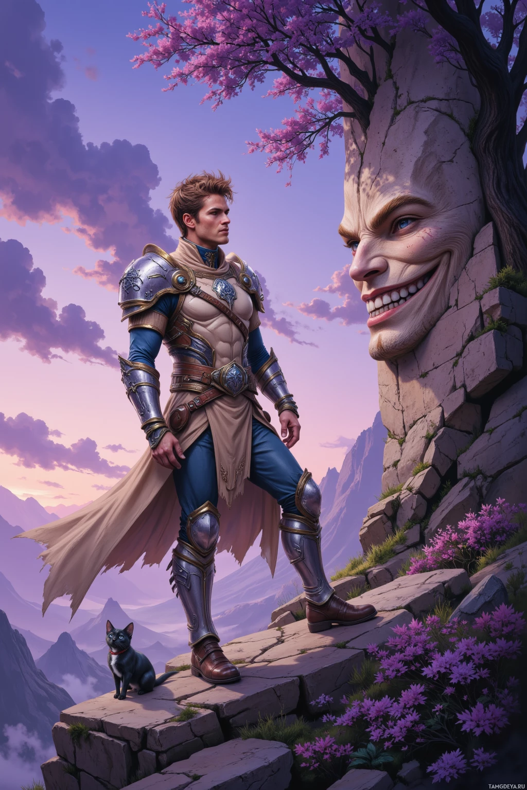 A knight in armor stands on a rocky ledge with a black cat and a large tree head in the background.