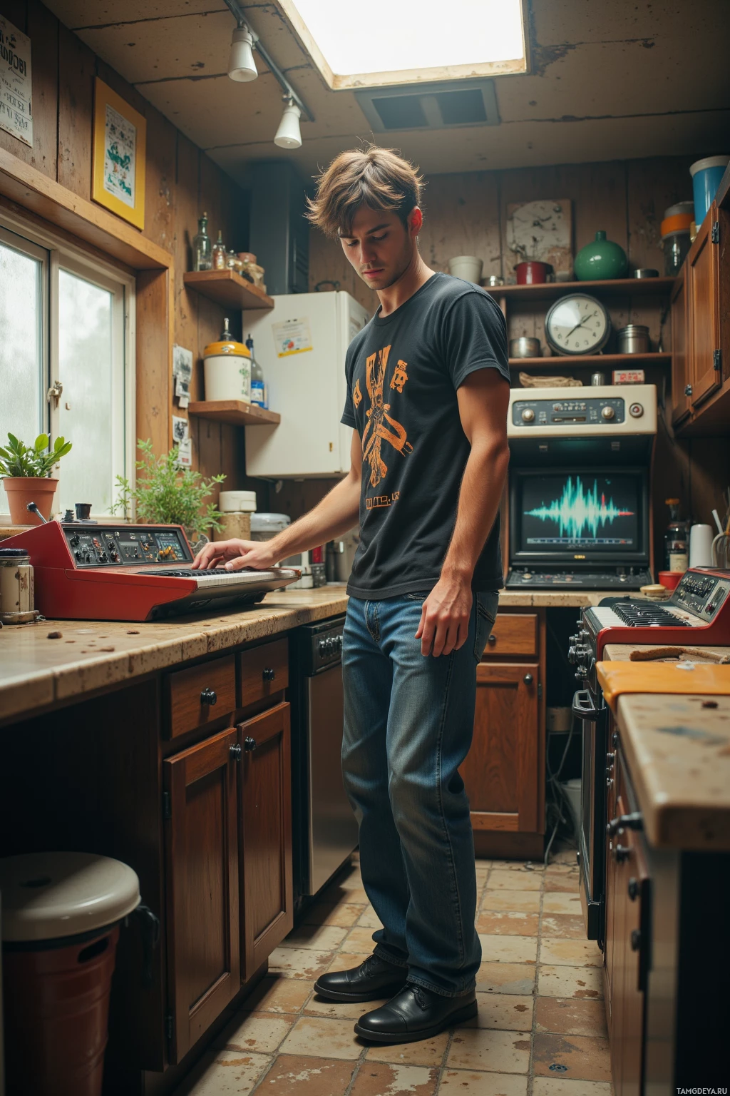 A person stands in a rustic kitchen, interacting with a red synthesizer.
