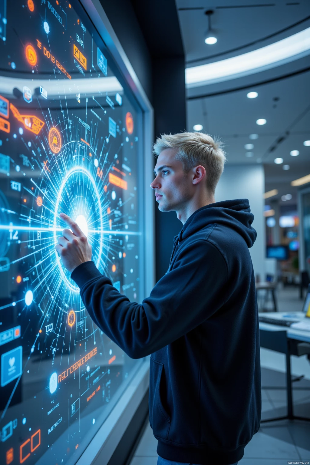 A person interacts with a large, illuminated digital display in a modern setting.