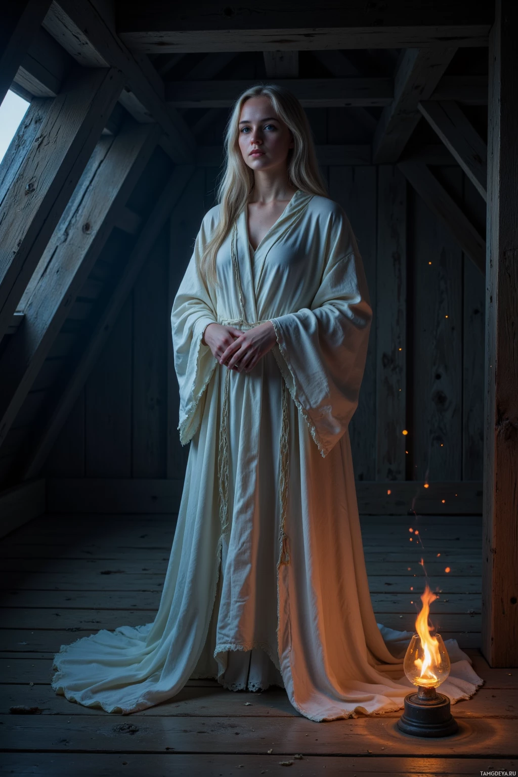 A person in a long, flowing robe stands in a dimly lit attic with a lit lantern nearby.