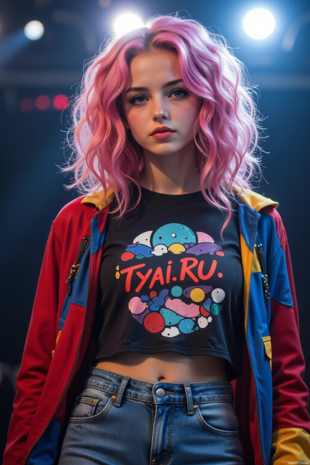 A person with pink hair wearing a colorful jacket and a graphic t-shirt.