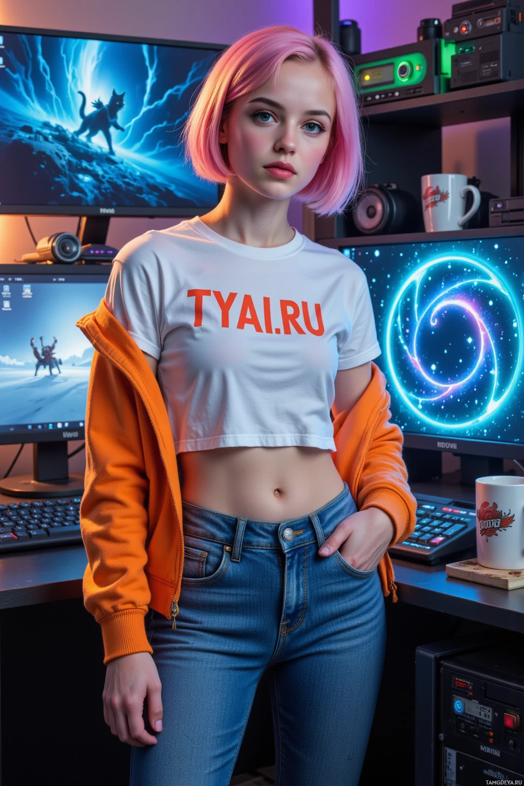 A person stands in a tech-themed room, wearing a cropped white t-shirt with "TYA1.RU" printed on it, paired with jeans and an orange jacket.