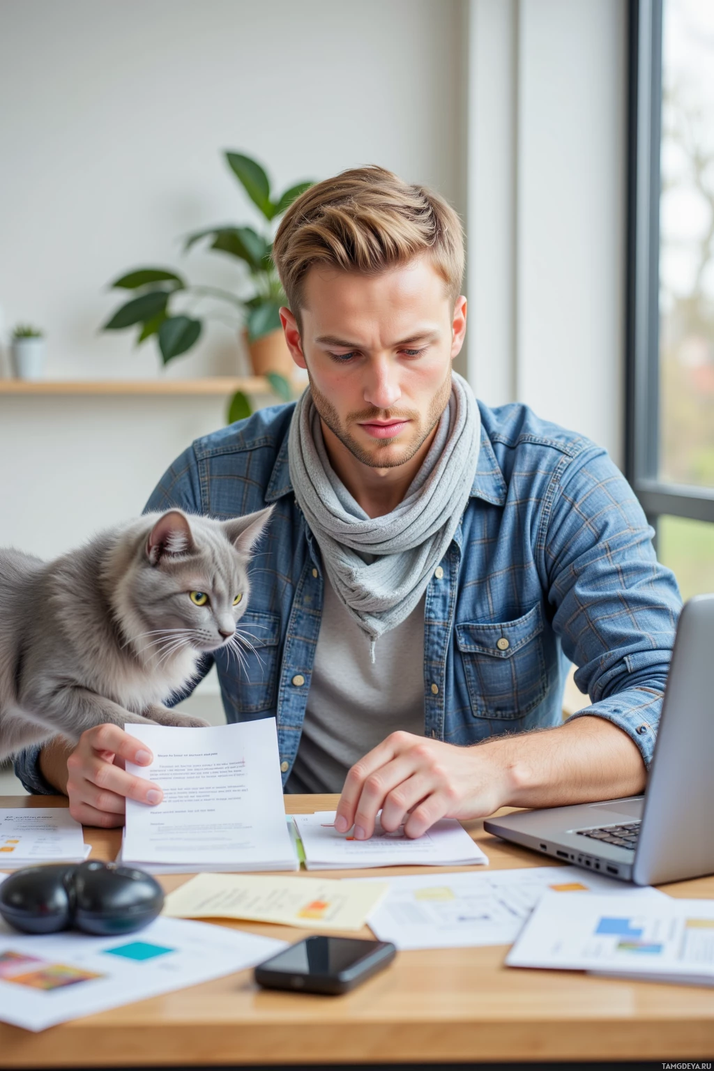 A man is working at his desk with papers and a laptop, accompanied by a cat sitting on the table beside him.