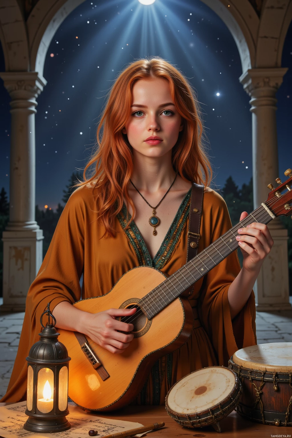 A person in an orange dress holds a guitar under a starlit sky with columns and lanterns nearby.