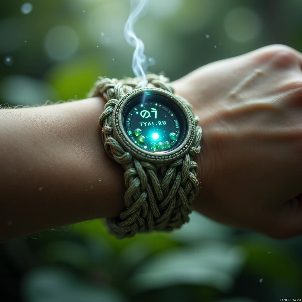 A wrist with a unique, braided watch strap and a glowing digital display.