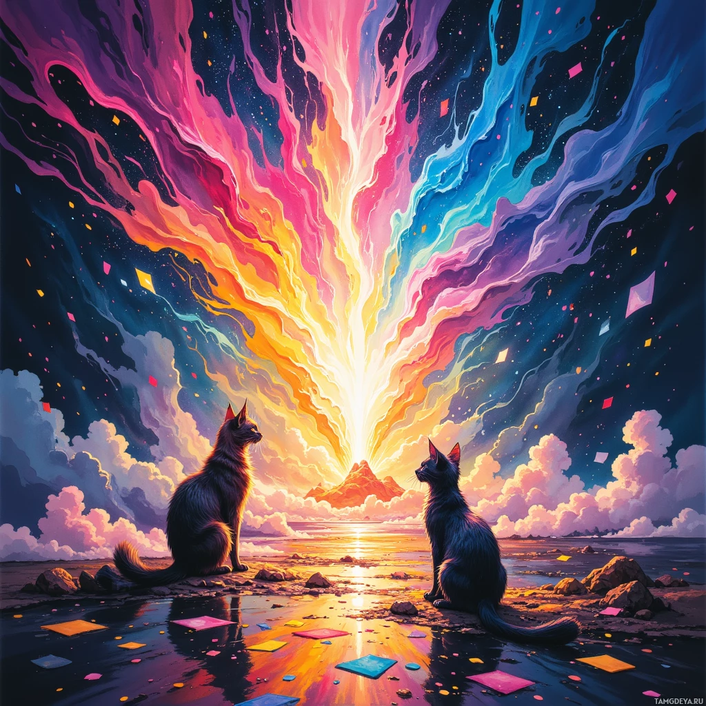 Two cats sit on a rocky shore, gazing at a vibrant, colorful sky with a radiant light source.