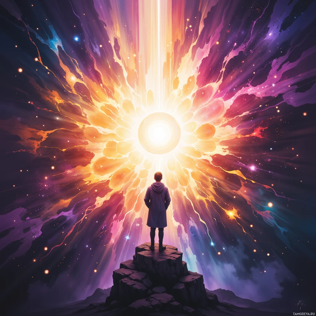 A person stands on a rocky platform, gazing at a radiant, colorful burst of light in the sky.