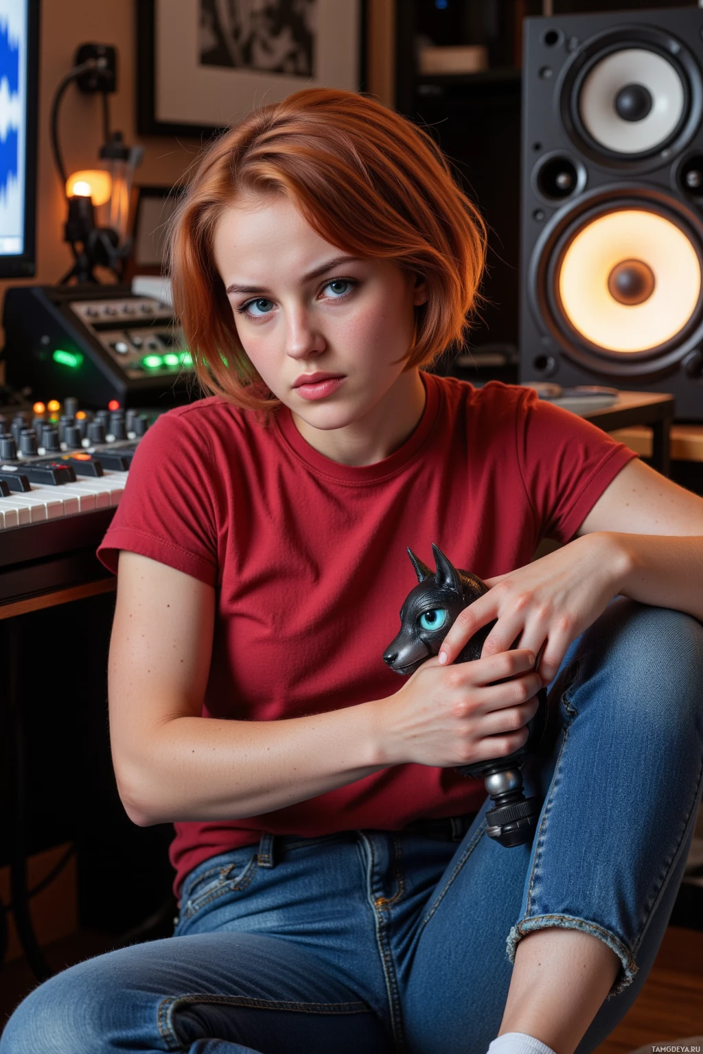A person in a red shirt sits in a studio holding a figurine.