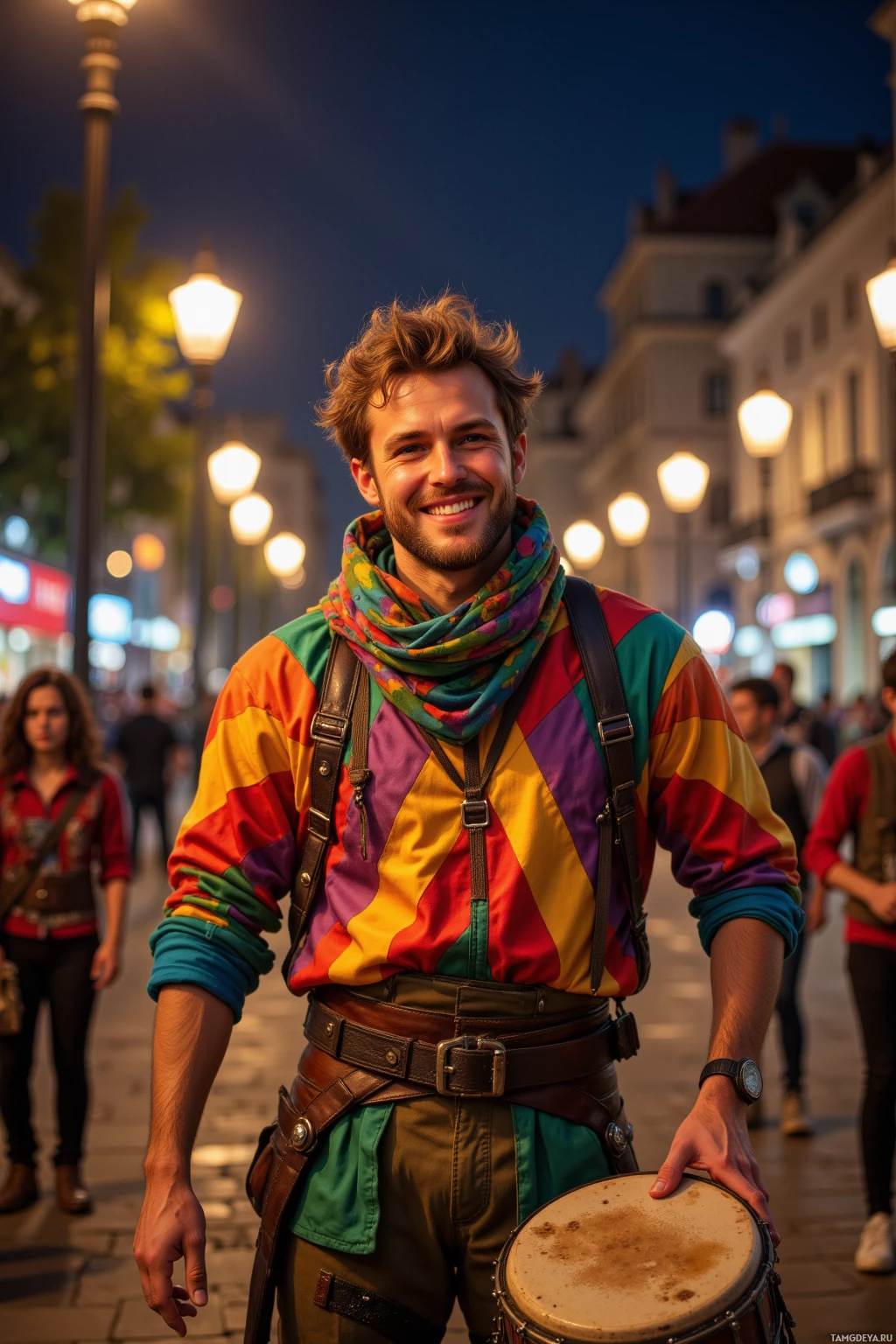 A man in a colorful striped shirt and scarf stands on a street at night, holding a drum.