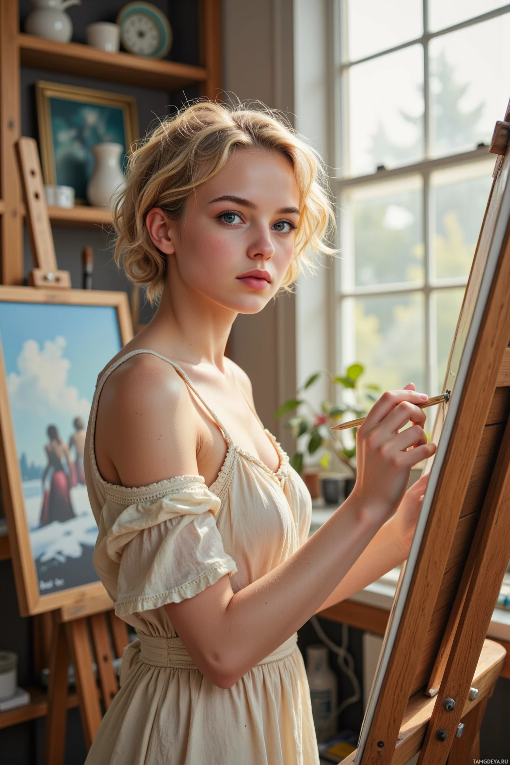 A woman in an art studio is painting on canvas with a brush.