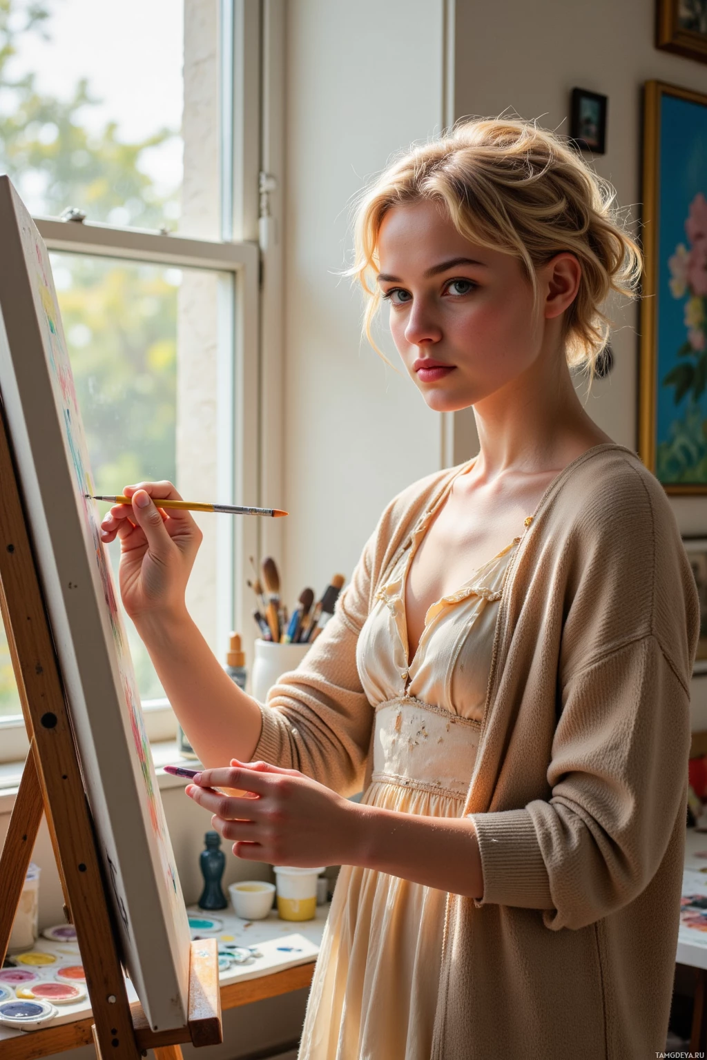 A person is painting on an easel in a well-lit studio with art supplies visible around them.