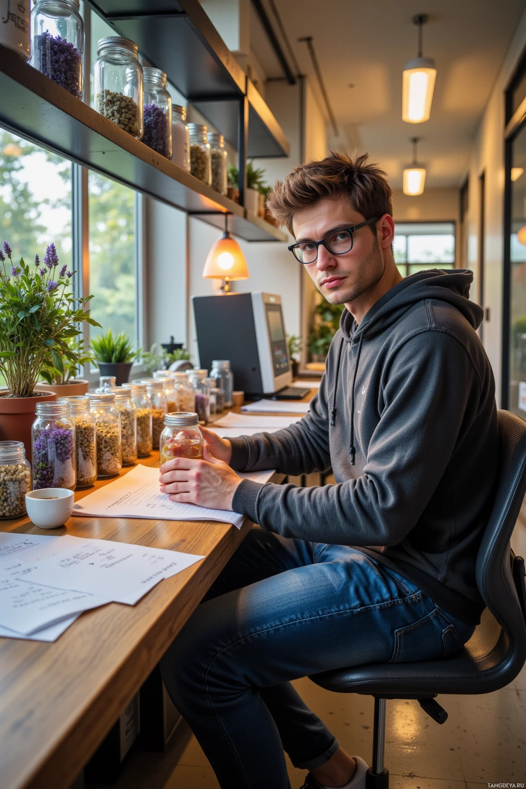 A person sits at a desk in an office-like setting with shelves holding jars and plants, surrounded by papers and a computer monitor.