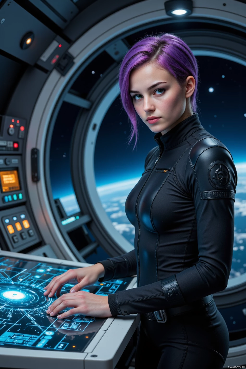 A person in a futuristic space suit stands in front of a control panel, with a view of Earth and space through a window behind them.
