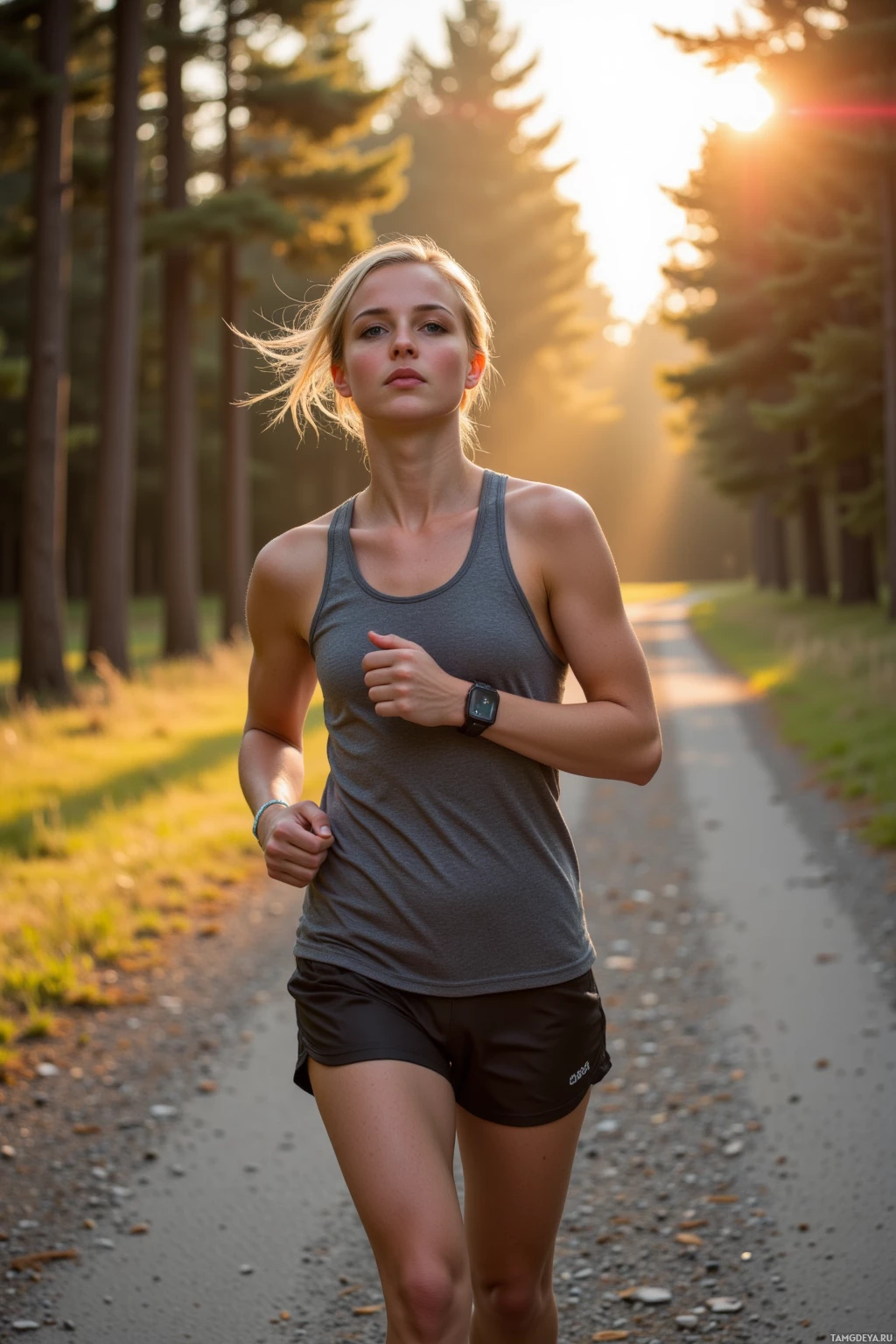 A woman runs on a forest path at sunset.