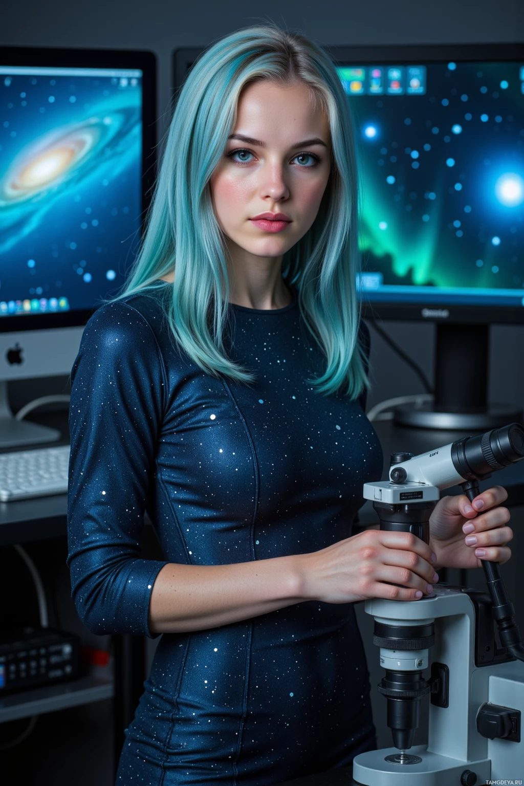 A person with blue hair stands in front of a computer, holding a microscope.