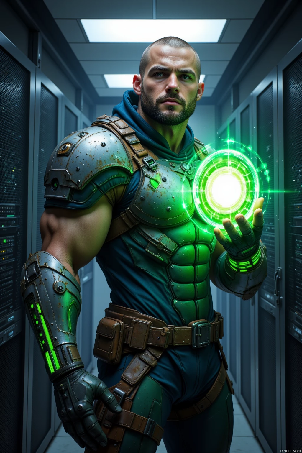 A muscular man in futuristic armor holds a glowing green device in a server room.
