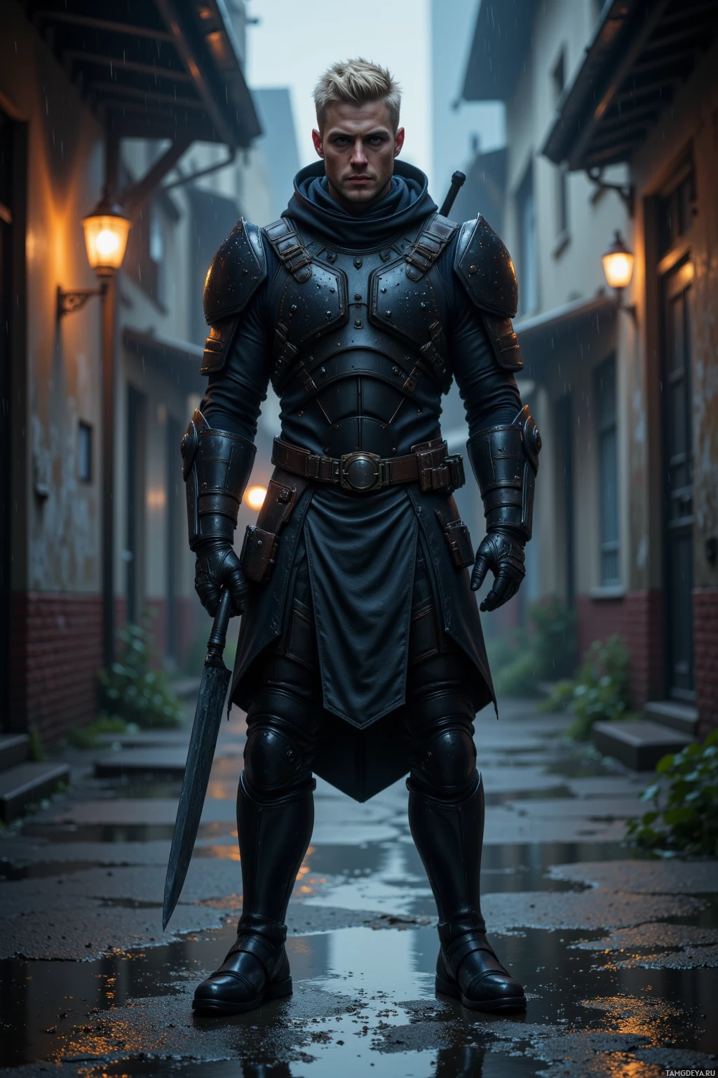 A person in dark armor stands on a rainy street at night with lanterns illuminating the scene.