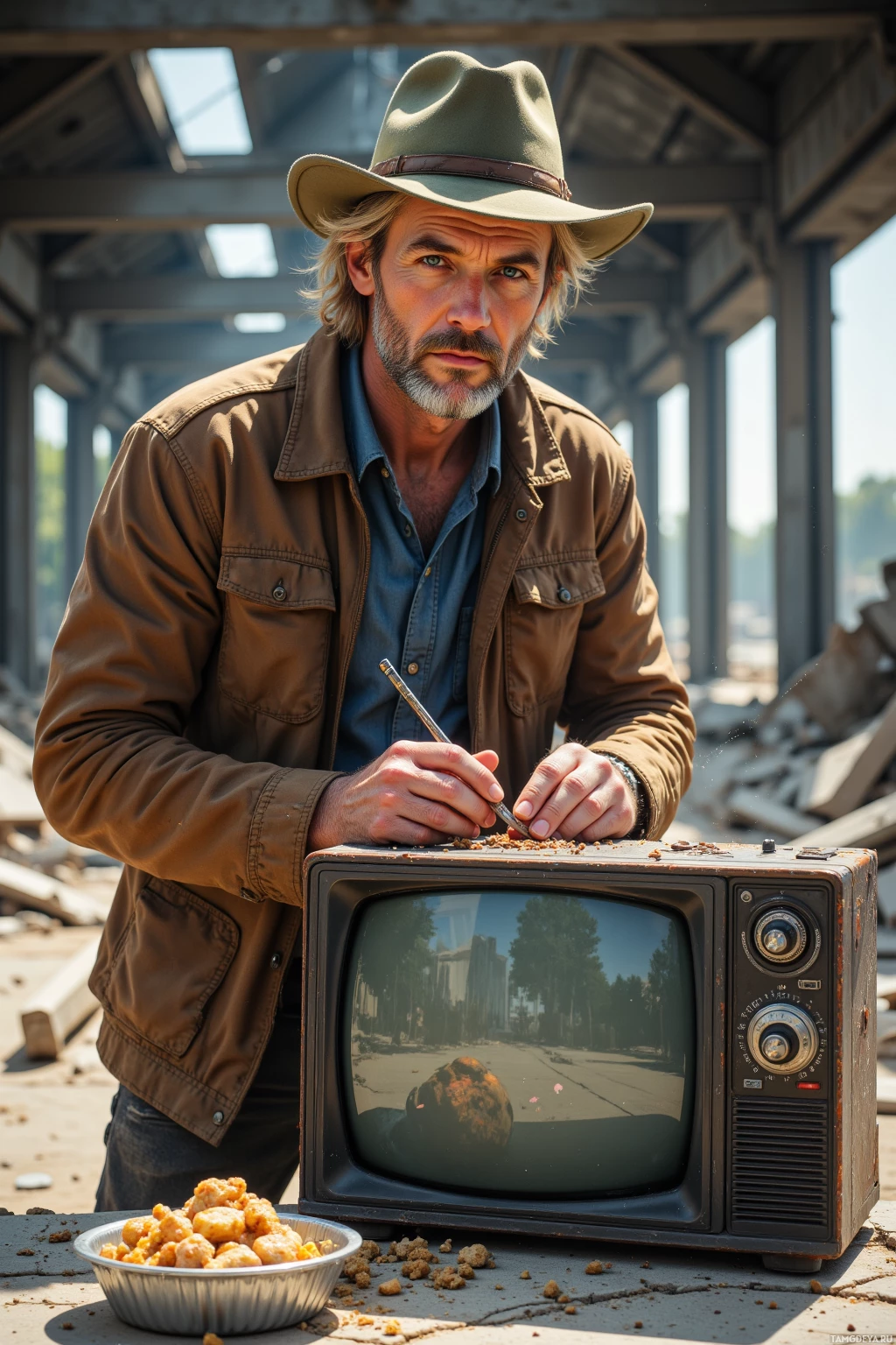 A man in a cowboy hat sits at a table with an old television and a bowl of food, looking contemplative.