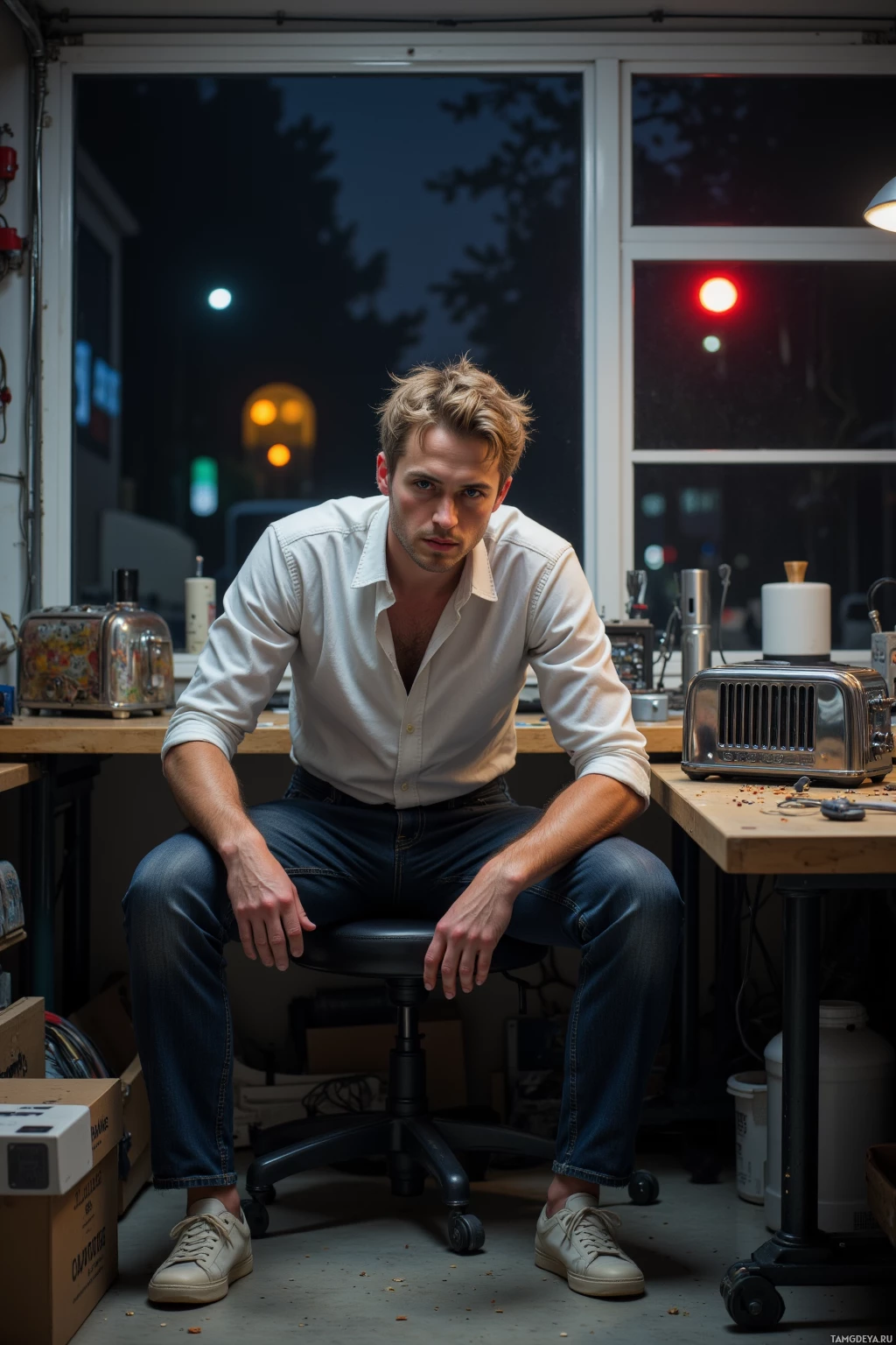 A person sits on an office chair in a dimly lit room with various objects around them.