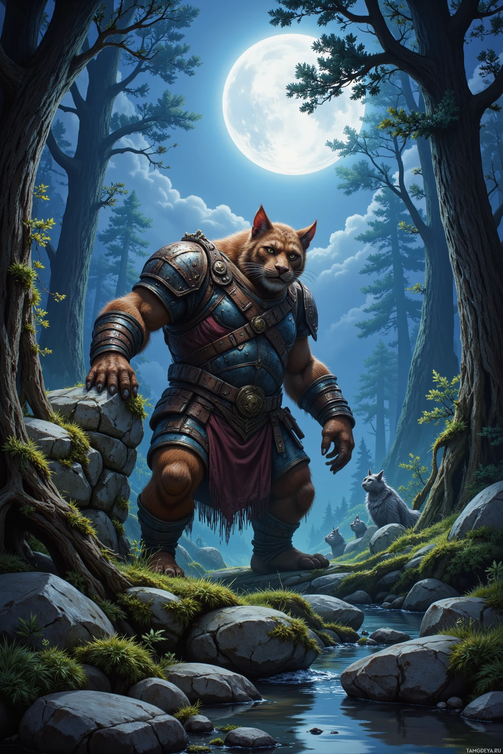 A fantasy scene featuring a cat-like warrior in armor standing in a forest with a full moon in the sky.