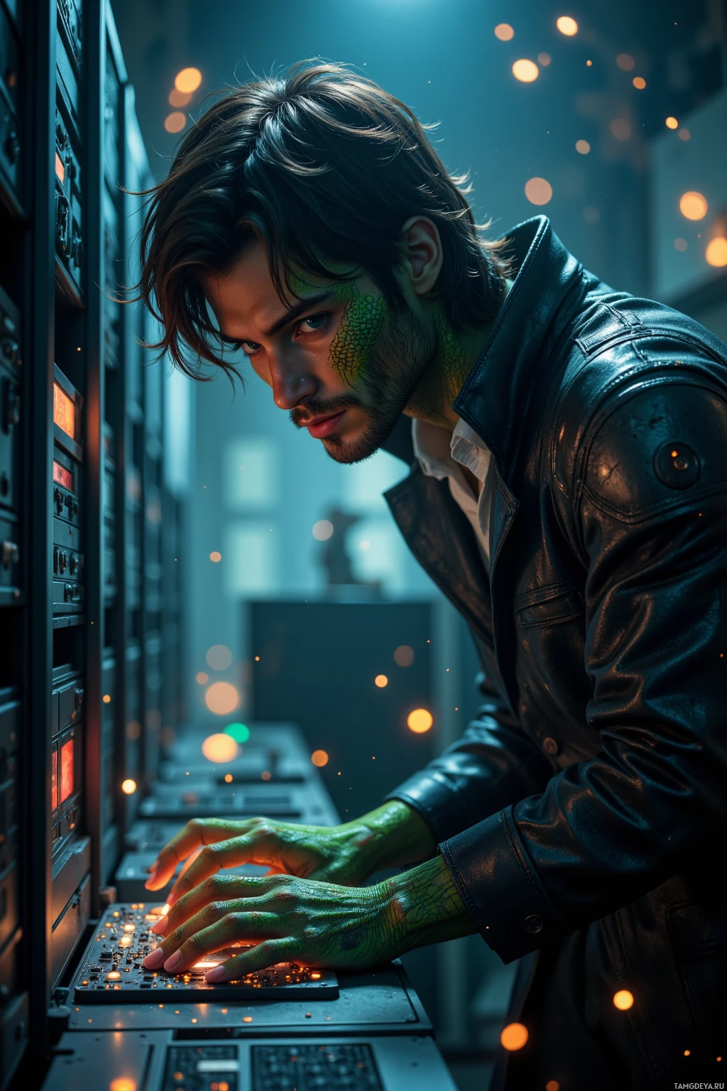 A person in a leather jacket is working on a control panel with glowing lights and circuitry.
