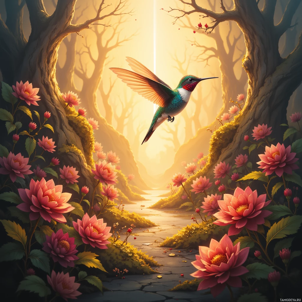 A hummingbird soars through a vibrant forest with blooming pink flowers and a serene river in the background.