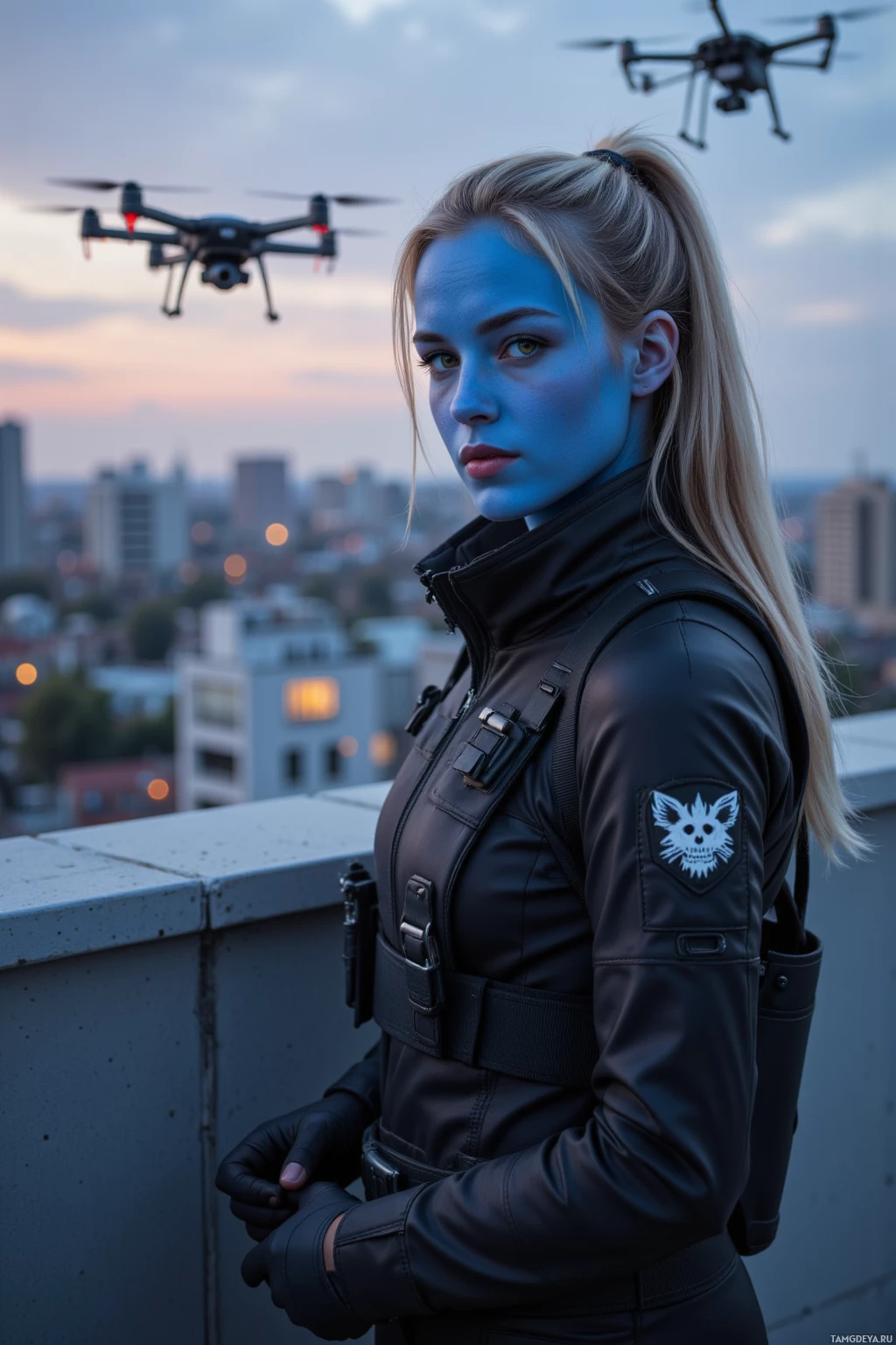 A woman in tactical gear stands on a rooftop with a drone flying overhead.
