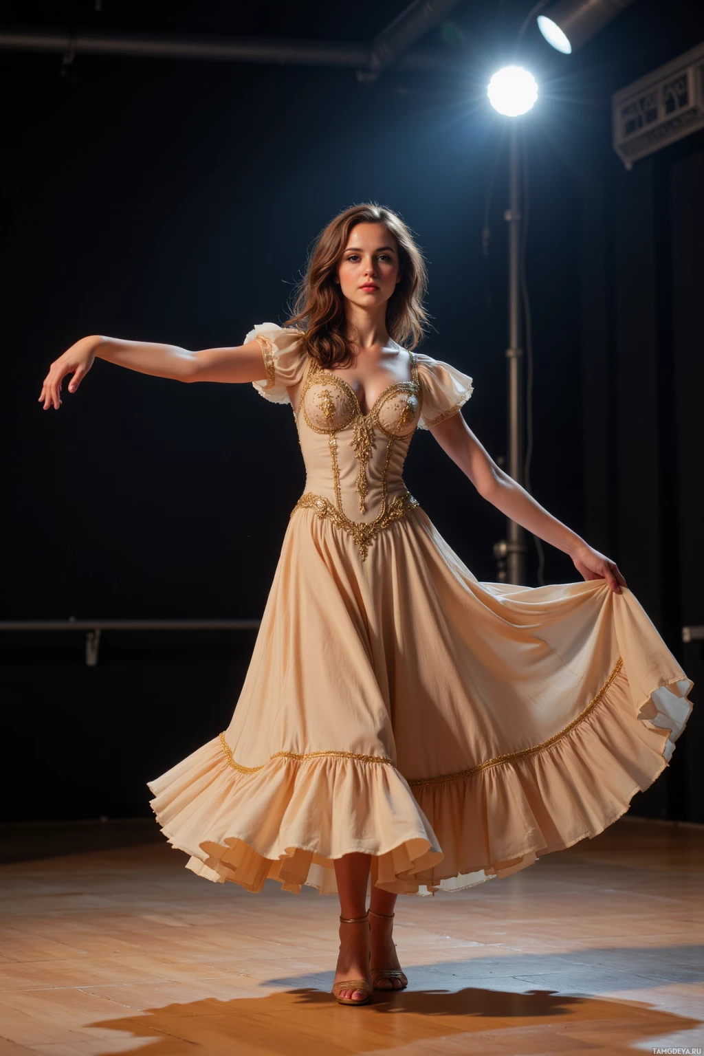 A woman in a flowing, ornate dress is dancing on a stage under bright lights.