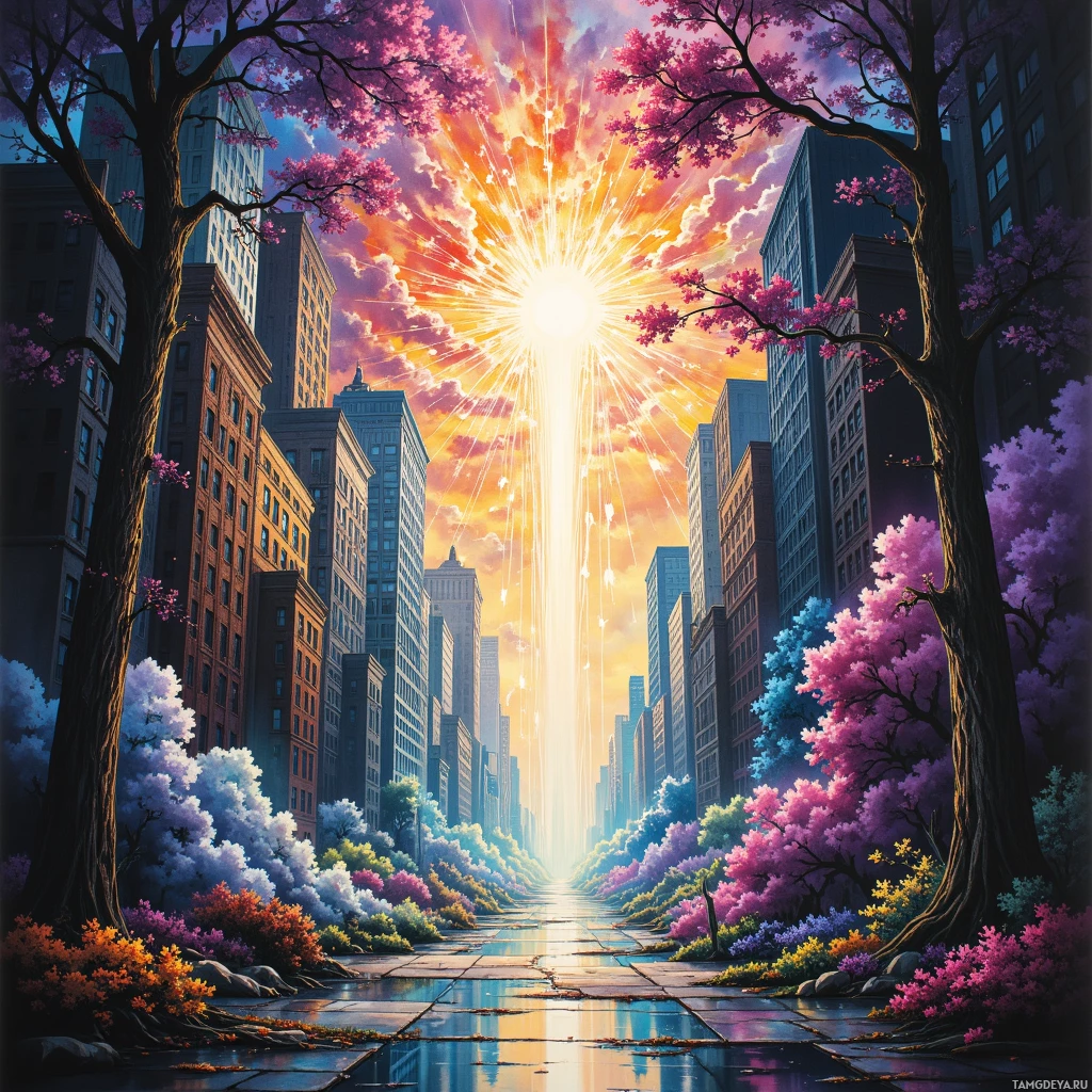 A vibrant cityscape with blooming trees and colorful flowers lining a paved path under a radiant sunburst sky.