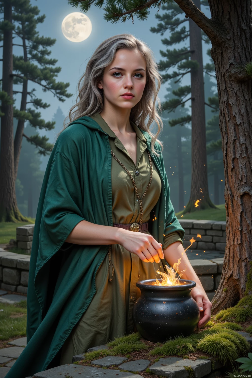 A person in green attire stands beside a pot with flames, surrounded by trees and a full moon.