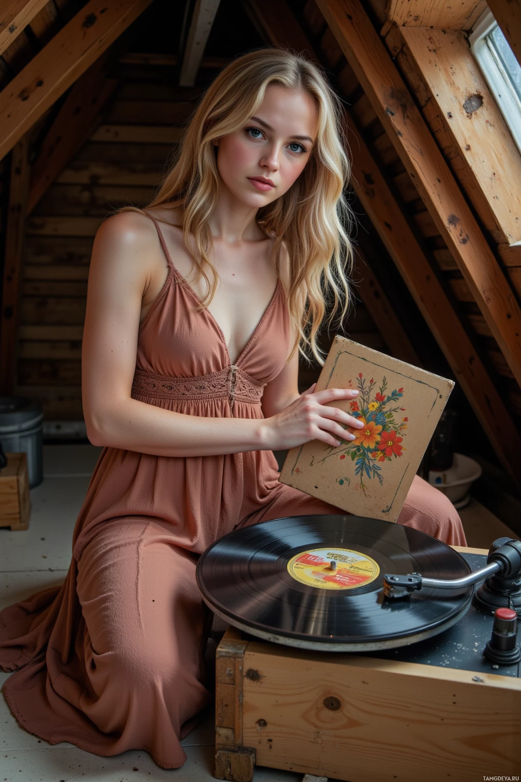 A person in a dress sits beside a record player, holding a floral album cover.