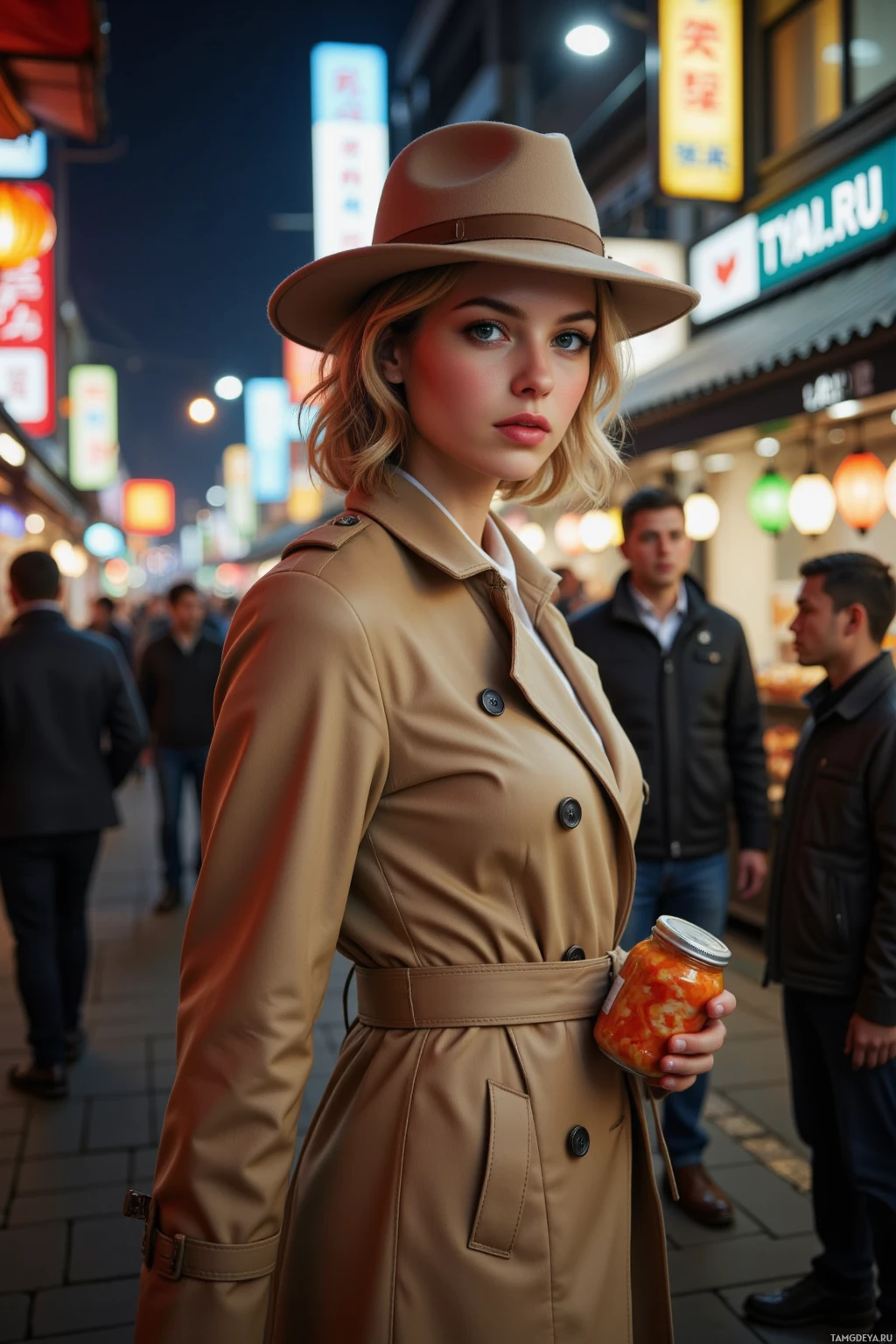 A woman in a beige trench coat and hat stands on a busy street at night, holding a jar.