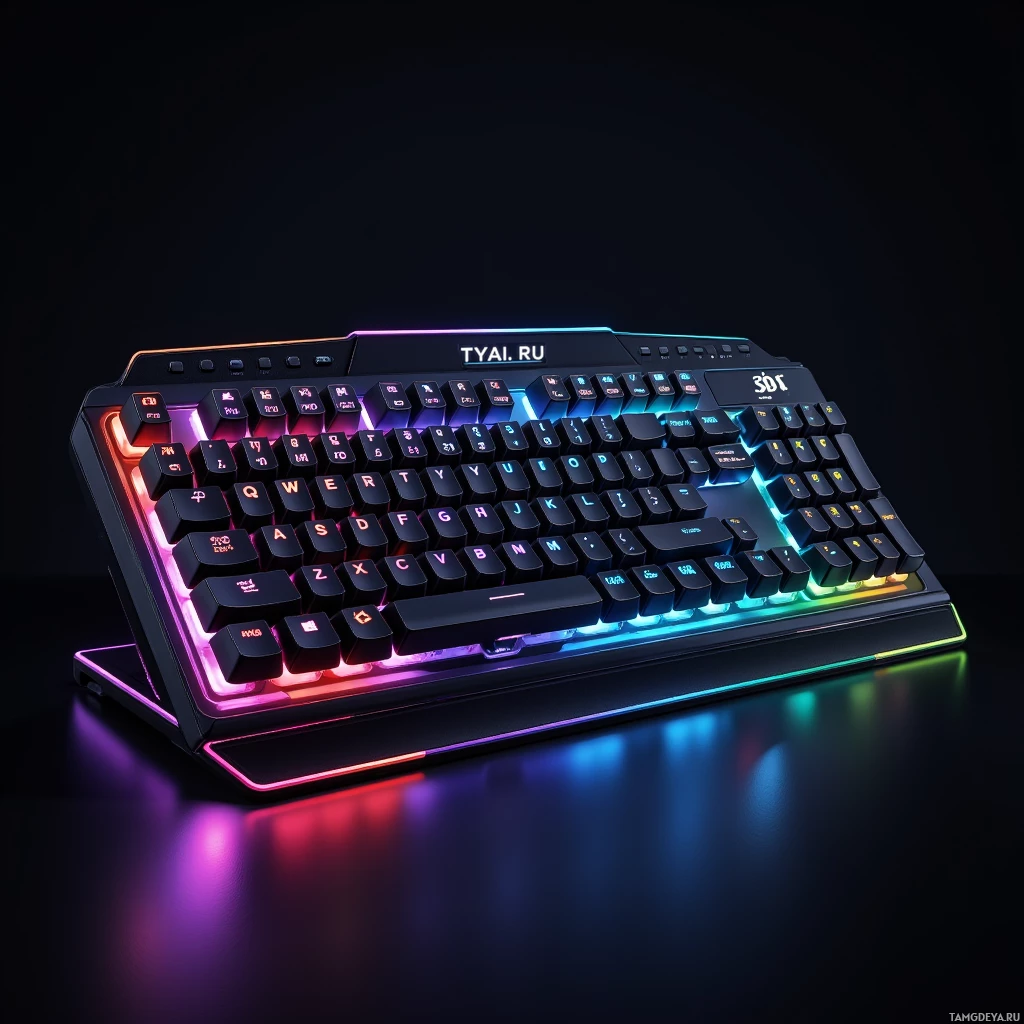 A sleek, illuminated gaming keyboard with vibrant RGB lighting.