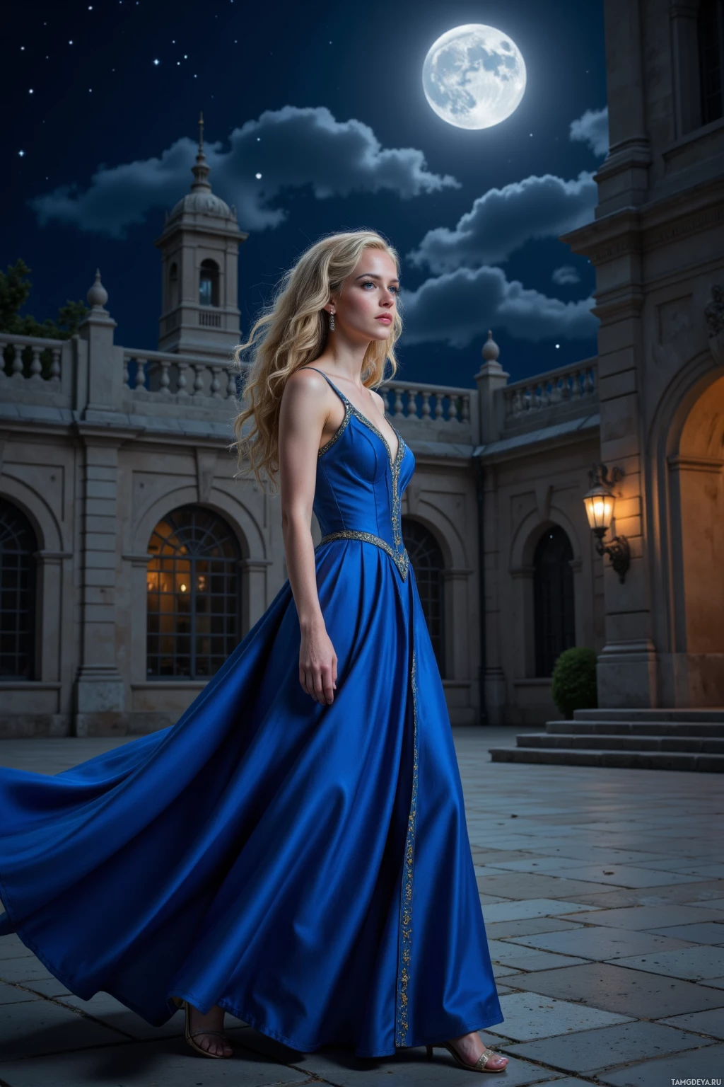 A woman in an elegant blue gown stands on a stone walkway under a night sky with a full moon and stars.
