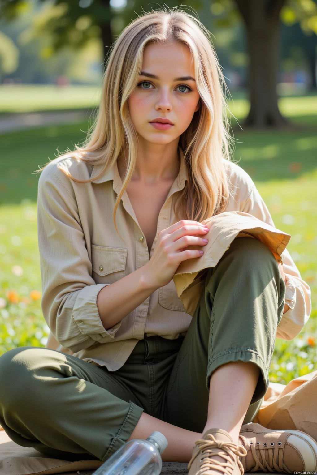A person in a beige shirt and olive green pants sits on the grass in a park.