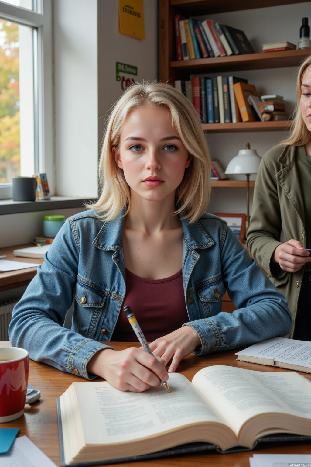 A young woman is sitting at a desk, writing in a notebook with a pen, surrounded by books and study materials.
