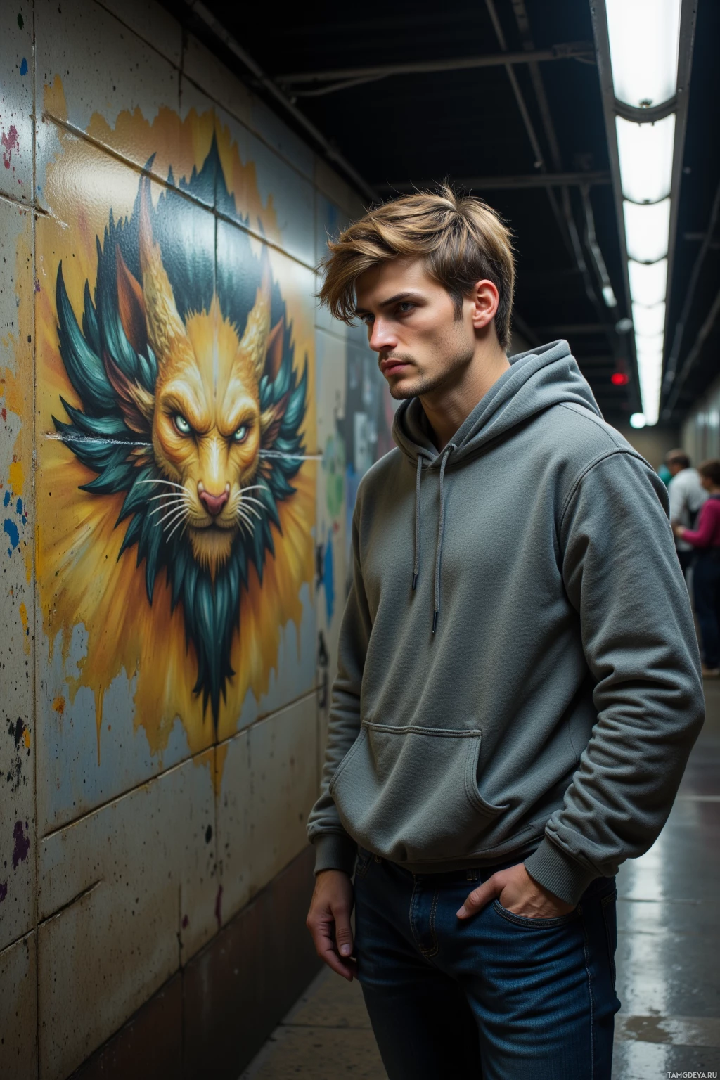 A person stands in an alleyway with their hands in their pockets, next to vibrant graffiti art on a wall.