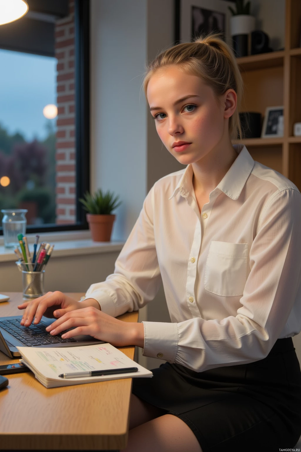 A young woman in a white shirt is sitting at a desk, typing on a laptop.