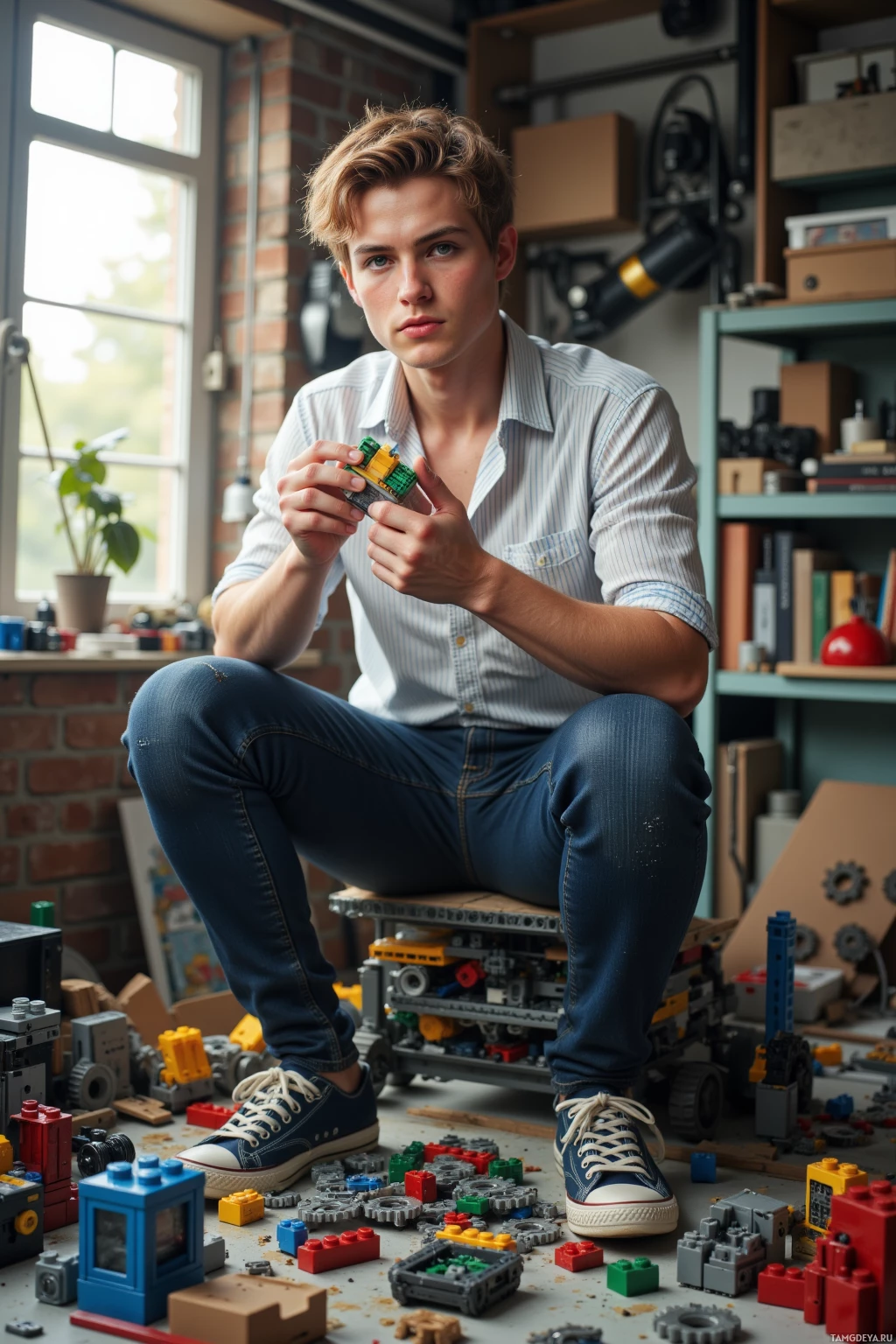 A person is sitting on a stool surrounded by LEGO pieces in a room with shelves and a window.