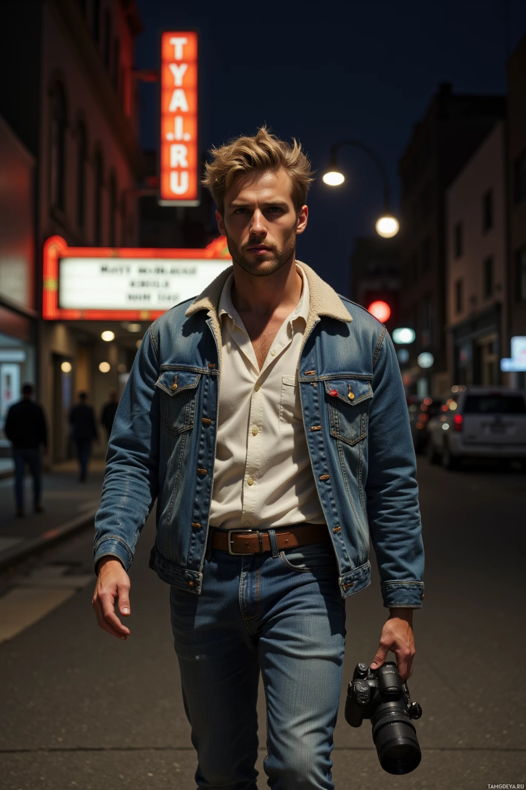 A person walks down a city street at night, holding a camera, wearing a denim jacket and jeans.