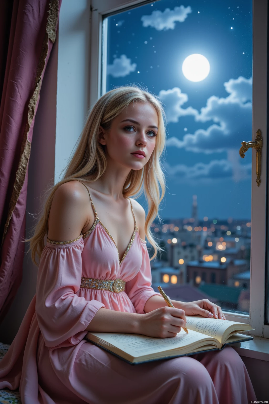 A woman in a pink dress sits by a window, writing in a book under a night sky with a full moon.