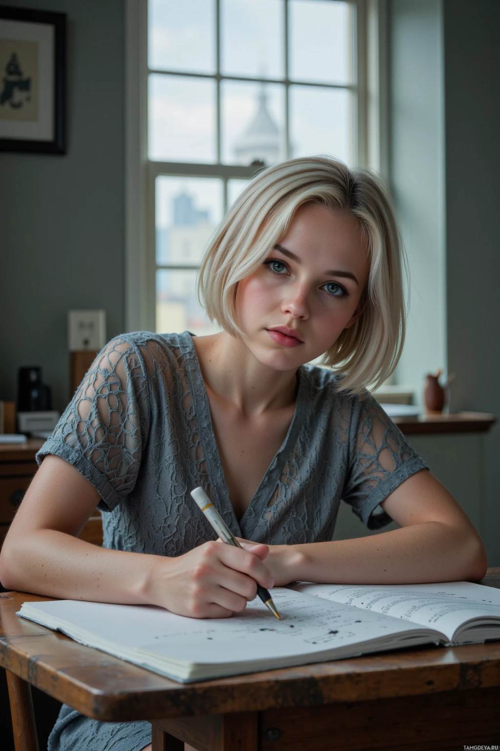 A person is sitting at a desk, writing in a notebook with a pen.