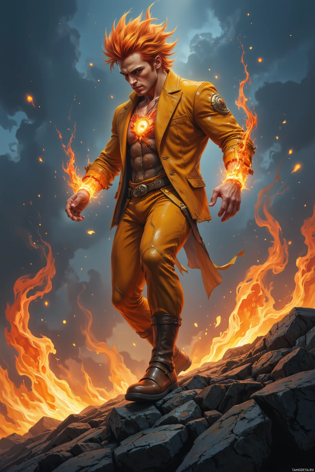 A character with fiery hair and glowing hands stands on rocks amidst flames against a dramatic sky backdrop.
