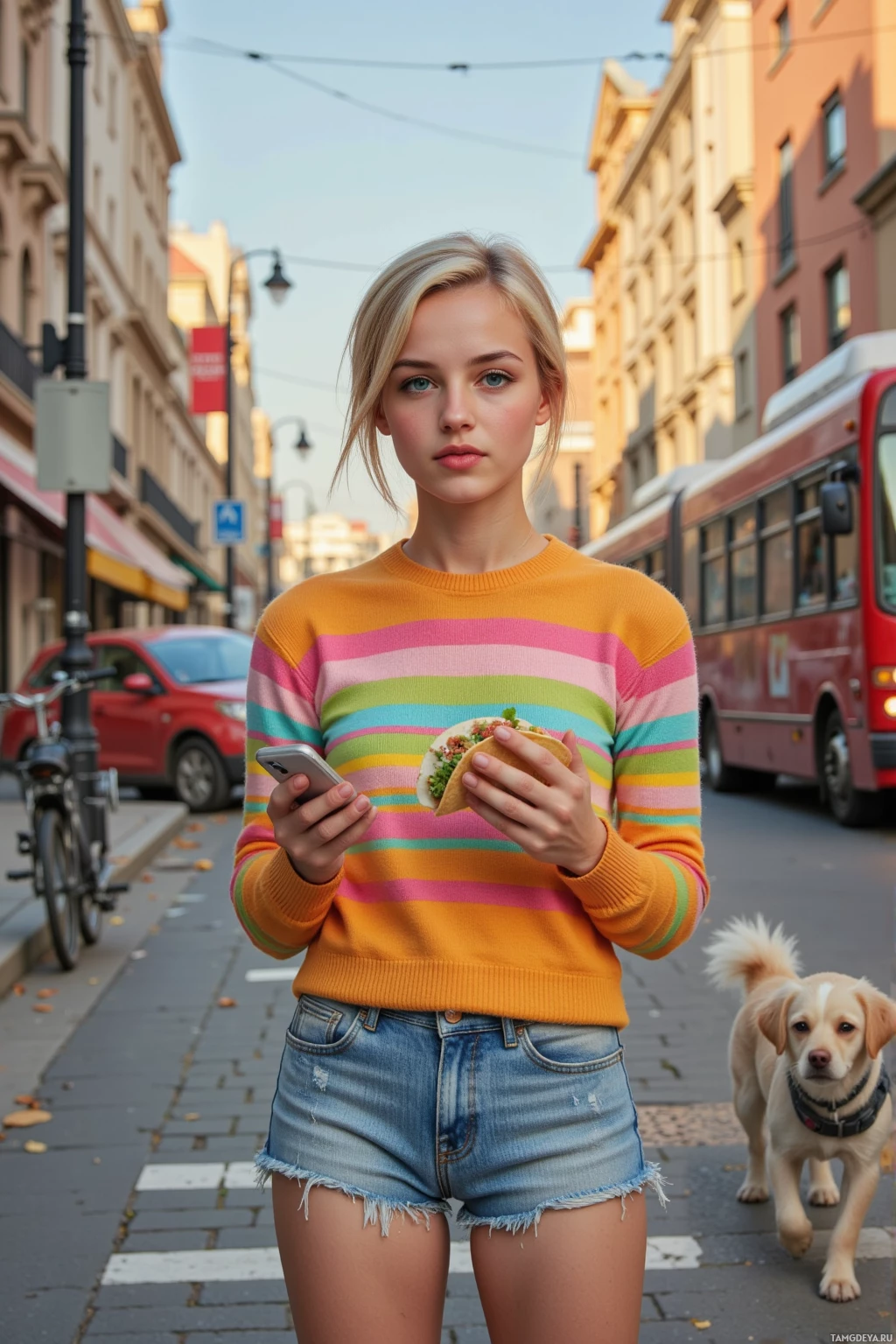 A person wearing a colorful striped sweater and denim shorts holds a taco and a phone while walking on a city street.
