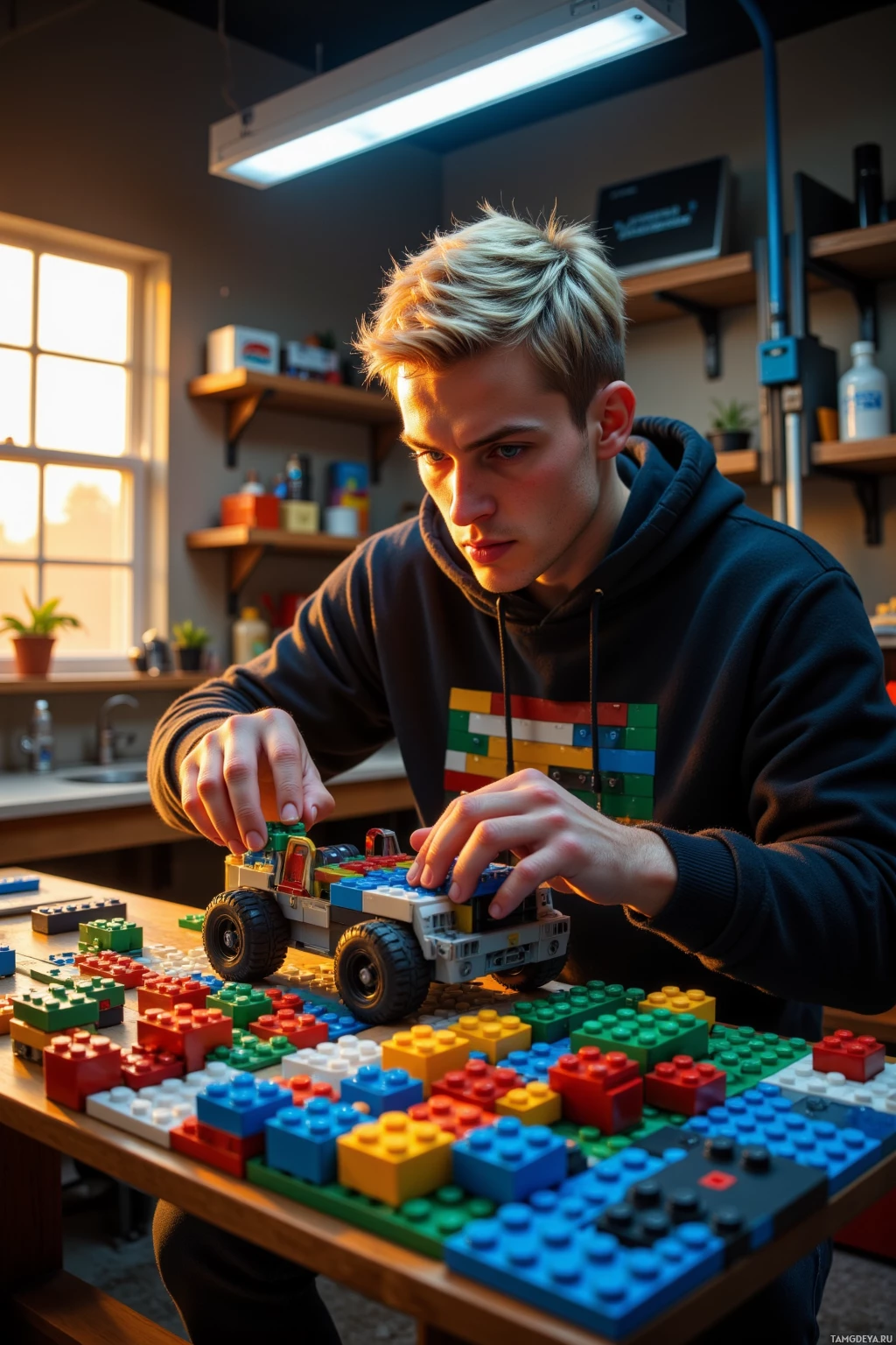 A person is assembling a LEGO vehicle in a well-lit room with shelves and a window.