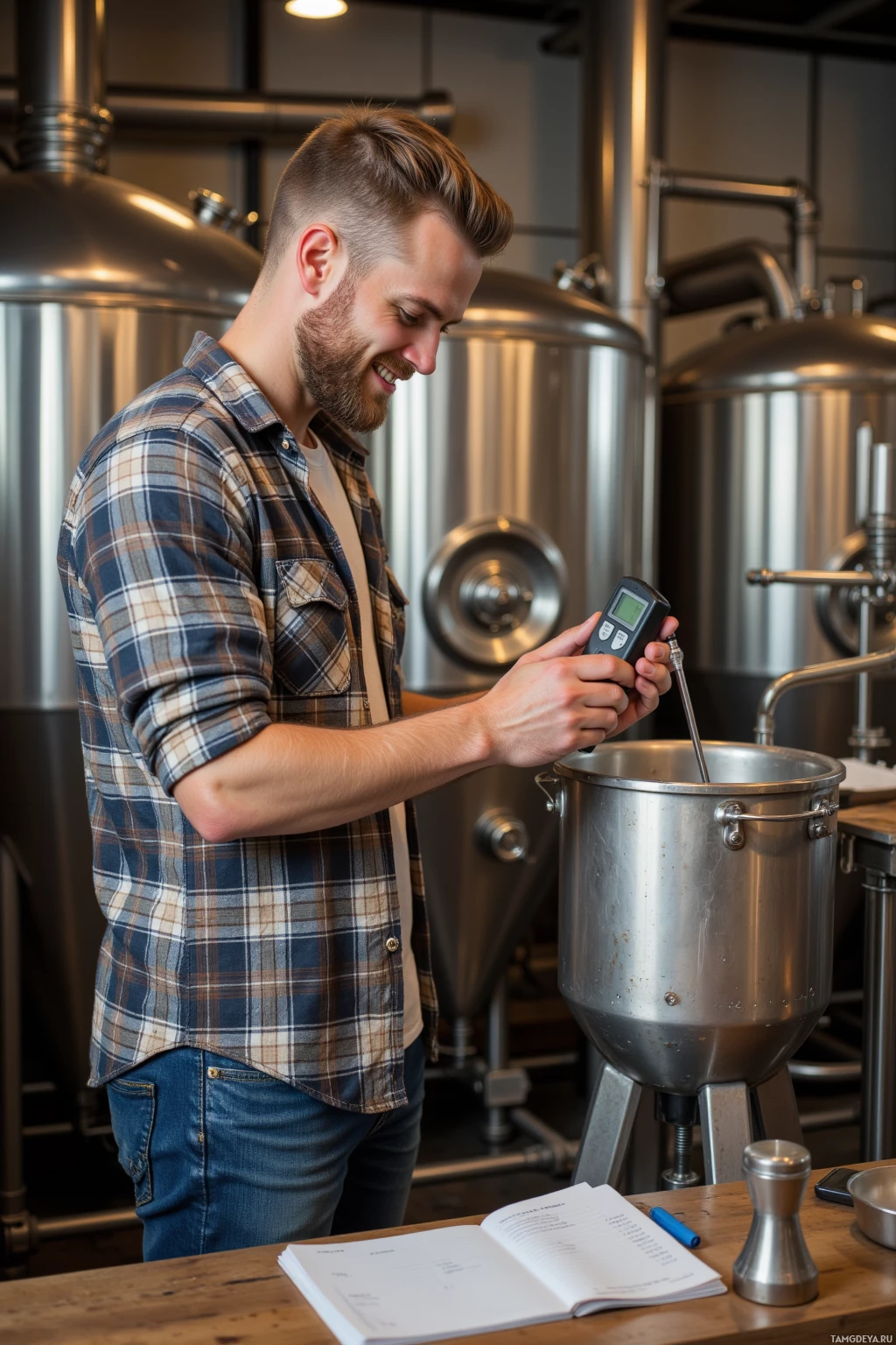 A man in a plaid shirt uses a digital device in a brewery setting.